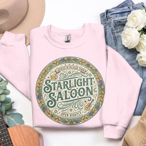 Starlight Saloon Sweatshirt, Vintage Graphic Crewneck, Cozy Fall Pullover, Retro Theme Top, Floral Design Unisex Apparel Gift