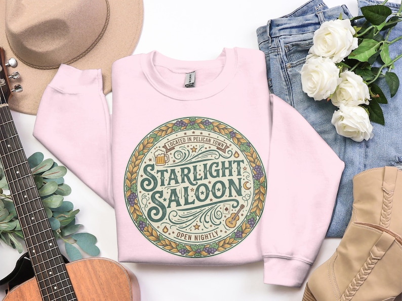 Starlight Saloon Sweatshirt, Vintage Graphic Crewneck, Cozy Fall Pullover, Retro Theme Top, Floral Design Unisex Apparel Gift
