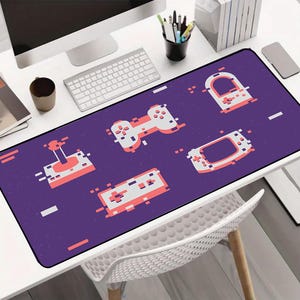 May include: Purple gaming mouse pad with pixelated images of retro video game controllers, a joystick, and a handheld game console.