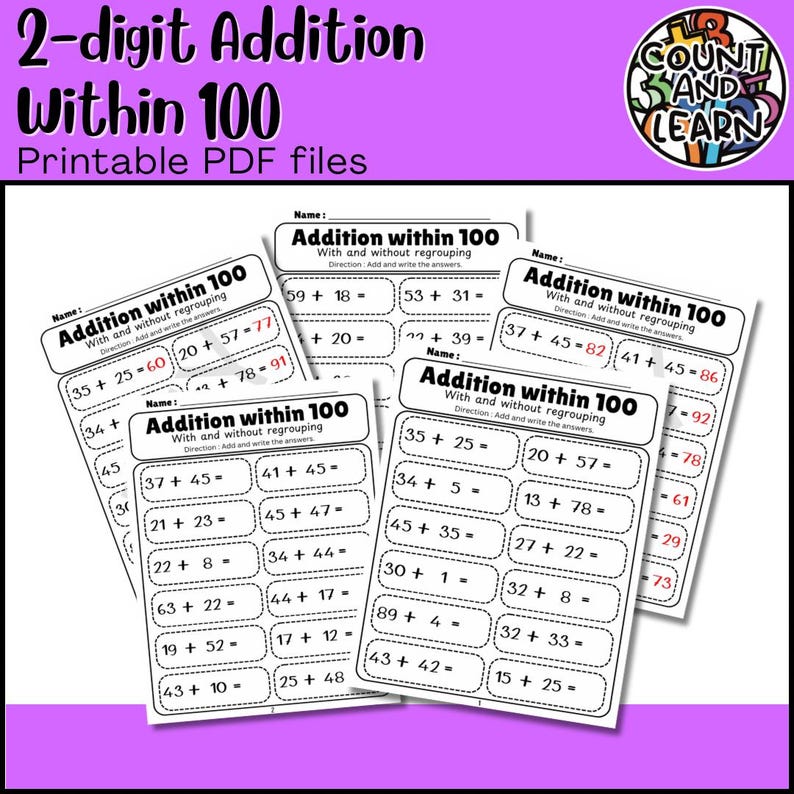 Horizontal Addition Within 100 Worksheets (with and Without Regrouping ...