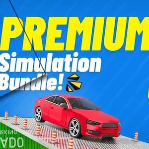May include: A blue and yellow banner advertises a "Premium Simulation Bundle" of 5 games for £199. The banner features a red car driving up a ramp and a yellow taxi cab driving on a city street. The banner also includes the text "Exclusive Deal".