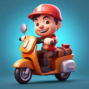 May include: A cartoon illustration of a delivery person wearing a red hat and riding a yellow scooter.