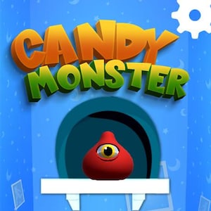 May include: A red, one-eyed monster with a candy-like texture is peeking out of a blue and white background with the words "Candy Monster" in large, colourful letters.