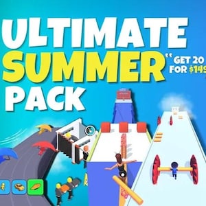 May include: A bright blue and yellow graphic with the text "ULTIMATE SUMMER PACK" and "GET 20 FOR £149". The graphic features a cartoon-style image of a summer-themed obstacle course with people running, jumping, and sliding.