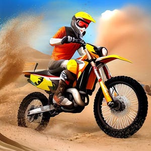 May include: A yellow and black dirt bike with a rider wearing a yellow helmet and orange shirt. The bike is driving through a sandy desert.