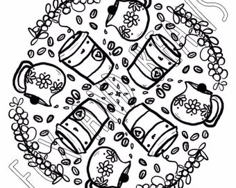 Cute Coffee - Printable Coloring Page - Beans - Digital File - Pot - Cute - Kawaii - Adult coloring - all ages