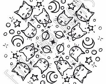 Kitten Galaxy - Printable Coloring Page - Digital File - Cats - Space - Cute - galactic - Kawaii - Adult coloring - all ages
