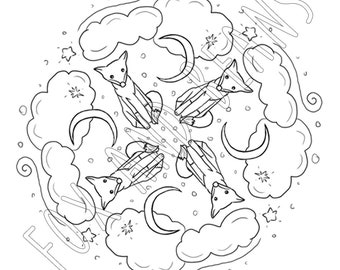 Moon Fox - clouds - stars - foxes - night - Printable Coloring Page - Digital File - Cute - Kawaii - Adult coloring - all ages