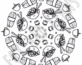 Cute Sushi and Noodles - Printable Coloring Page - Digital File - Chopsticks - Cute - Kawaii - Adult coloring - all ages