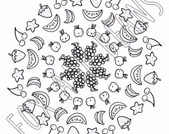 Cute Fruits - Printable Coloring Page - Apples - Bannanas - Digital File - Grapes - Cute - Kawaii - Adult coloring - all ages