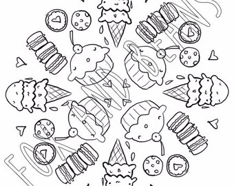 Cute Sweets - Printable Coloring Page - Ice Cream - Cupcakes - Digital File - Macarons - Cute - Kawaii - Adult coloring - all ages