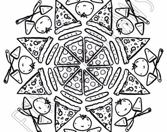 Cute Pizza - Printable Coloring Page - Digital File - Pepperoni- Cute - Kawaii - Adult coloring - all ages