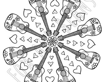 Guitars - flowers- hippie - music - Printable Coloring Page - Digital File - Cute - Kawaii - Adult coloring - all ages