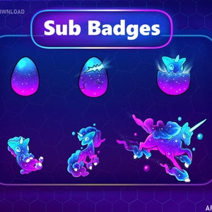 May include: A set of five animated sub badges featuring a purple and blue unicorn emerging from an egg. The badges are in different stages of hatching, with the final badge showing the fully hatched unicorn.