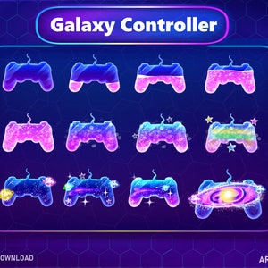 Op de afbeelding: Een set van 12 geanimeerde gamecontroller-pictogrammen met een galaxie-thema. De pictogrammen tonen een blauwe en roze controller met sterren, planeten en een galaxie die erbinnen draait.