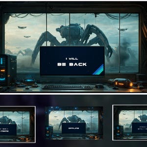 May include: A computer setup with a monitor displaying "I WILL BE BACK." The window reveals a futuristic scene with a giant robotic spider and flying drones. Additional screens show "Loading," "Offline," and "Starting."
