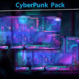 Peut inclure: Graphique CyberPunk Pack avec un design futuriste. L'image pr&eacute;sente une palette de couleurs n&eacute;on avec des teintes bleues, violettes et roses. La conception comprend des &eacute;l&eacute;ments de superposition pour le streaming en direct, avec des boutons "Follow", "Subscribe" et "Donation".