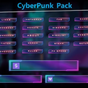 Peut inclure: Graphique Cyberpunk Pack avec des accents n&eacute;on bleus et roses. L'image pr&eacute;sente des boutons rectangulaires avec du texte tel que "LINKS", "INSTAGRAM", "FAQ" et "GAMES". D'autres boutons incluent "FACEBOOK", "DONATE", "DISCORD" et "CONTACT".