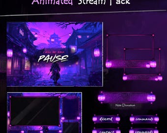 Animated Purple Samurai Stream Overlay Pack: Twitch/VTuber Theme