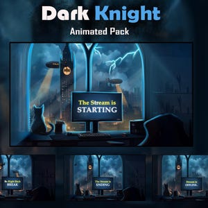 May include: Dark Knight Animated Pack graphic. The image shows a desktop setup with a cityscape visible through a window. The monitor displays "The Stream is STARTING". Additional screens show "BREAK", "ENDING", and "OFFLINE".