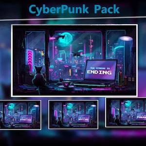 Peut inclure: Illustration num&eacute;rique "CyberPunk Pack" repr&eacute;sentant une ville futuriste avec des n&eacute;ons et une pleine lune. Un ordinateur affiche "THE STREAM IS ENDING". Un chat est assis pr&egrave;s d'une fen&ecirc;tre, et trois petites images montrent diff&eacute;rents statuts de diffusion.