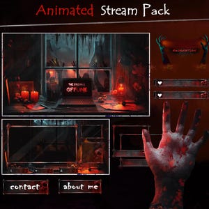 Può includere: Grafica di Animated Stream Pack a tema horror. Include una mano insanguinata, elementi di overlay di streaming e una scena desktop con un laptop che mostra "OFFLINE". La tavolozza dei colori è rosso scuro e nero.