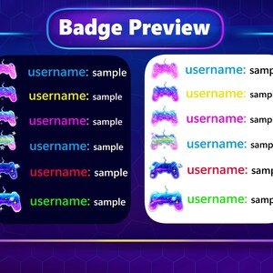 May include: A preview of six different animated Twitch chat badges featuring a purple, pink, and blue video game controller with sparkles. The text "username: sample" is displayed next to each badge.