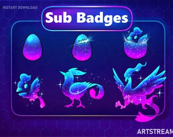 May include: Digital art featuring six "Sub Badges" with a space theme. The badges include an egg, a cracked egg, a bird hatching from an egg, and three stylized birds. The color palette is blue, purple, and pink.