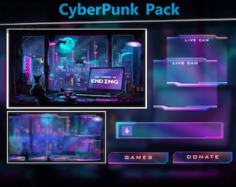 Cyberpunk Animated Stream Overlay Package: Neon Twitch Overlay