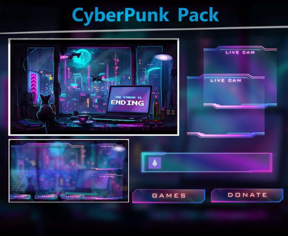 Cyberpunk Animated Stream Overlay Package: Neon Twitch Overlay