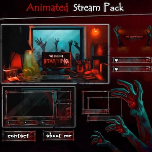 Może przedstawiać: Grafika animowanego pakietu strumieniowego o tematyce horroru. Projekt przedstawia konfigurację komputera z rękami zombie wychodzącymi z okna. Zawiera elementy nakładki z przyciskami "kontakt" i "o mnie".