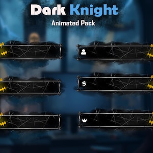 May include: An animated pack titled "Dark Knight" with a dark, textured background. The pack includes six black rectangular bars with yellow bat symbols on the ends. The bars have icons representing a user, a dollar sign, and a crown.