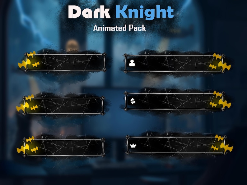 May include: An animated pack titled "Dark Knight" with a dark, textured background. The pack includes six black rectangular bars with yellow bat symbols on the ends. The bars have icons representing a user, a dollar sign, and a crown.