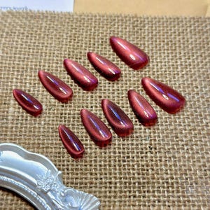 Y2K press on nails, almond red cat eye art nails, handmade well designed press on nails