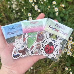 May include: Three clear plastic sleeves containing sticker packs labeled Butterfly Sticker Pack, Moth Sticker pack, and Beetle Sticker Pack. The stickers feature detailed illustrations of various insects, including a red ladybug and moths.