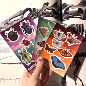 May include: Three sticker sheets featuring colorful insect illustrations. The stickers depict various beetles, butterflies, and moths. The background of the sheets transitions from purple to orange. The stickers are held in front of an open book.