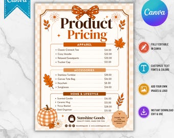Canva-sjabloon voor een herfstprijslijst, herfstmarktprijsmenu, retro prijsbord met strik en ruitjespatroon, bewerkbare salonprijslijst, kraambord