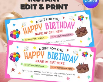 Bewerkbare cadeaubon voor gelukkige verjaardag, afdrukbare cadeaubon voor verjaardag, cadeaubon voor gelukkige verjaardag, cadeaubon voor verjaardag, coupon voor verjaardag, Canva bewerkbaar