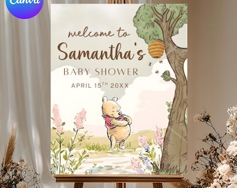 Winnie de Poeh-babyshower-welkomstbord, klassiek Pooh Bear-babyshowerbord, Pooh-themafeest welkomstposter, DIY-tekst, direct downloaden