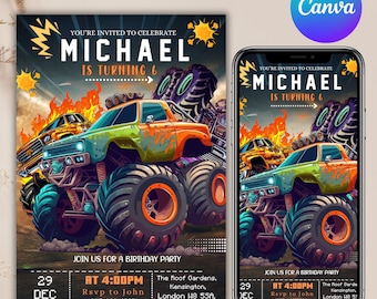 Monster Truck Birthday Invite, Monster Truck Party, Monster Invitation, Invitation For Boys, Printable Birthday Invite, Canva Editable