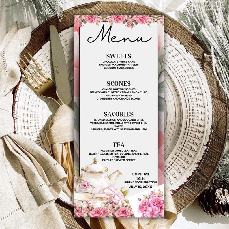 Spring Time High Tea Menu Card Blush Pink High Tea Menu Cards, Afternoon Tea Party, Garden Party, Baby ...