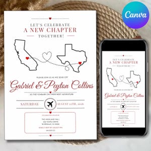 Könnte beinhalten: Eine Hochzeitseinladungskarte und ein Smartphone, das dasselbe Design anzeigt. Die weiße Karte zeigt schwarze Umrisse von Kalifornien und Texas, die durch eine gepunktete Linie mit roten Herzen verbunden sind, den Text Let's Celebrate A New Chapter Together und Gabriel & Peyton Collins.