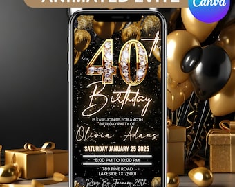 Digitale video-uitnodiging voor een 40e verjaardagsfeest, glamoureuze e-card voor een 40e verjaardag, geanimeerde e-card in zwart, goud, zilver en met diamanten, bewerkbare Canva-kaart