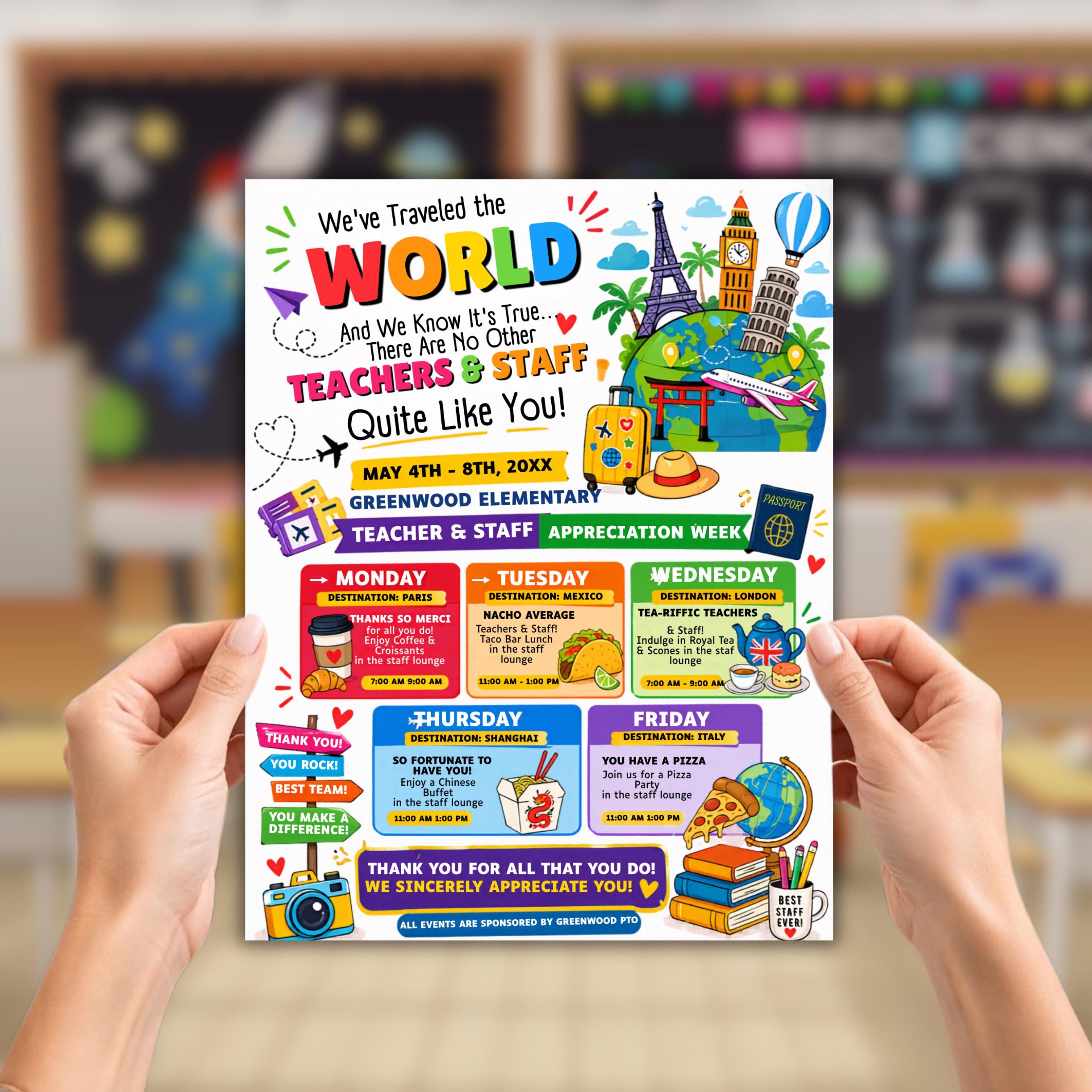 Editable Teacher Appreciation Week Itinerary Flyer, World Travel Theme ...