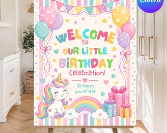 Colorful Whimsical Girl Birthday Welcome Sign, Pastel Unicorn Party Decor, Girly Striped Birthday Sign, Editable Template, Instant Download