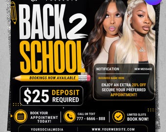 Terug naar school flyer, terug naar school boekingen flyer, haarverkoop flyer, beauty boekingssjabloon, Back 2 School, DIY tekst, Instant Download