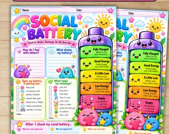 Social Battery Check In Worksheet, Emotional Regulation Activity, Kids Counseling Printable, Therapy Activity, Instant Download