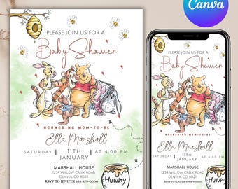 Winnie de Pooh babyshower uitnodiging, digitale uitnodiging Oh Boy, blauwe Winnie de Pooh uitnodiging, babyshower voor een jongen, bewerkbaar via Canva