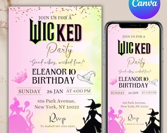 Wicked verjaardagsfeest uitnodiging, Wicked feest uitnodiging, WICKED geïnspireerd filmkaartje, Elphaba & Glinda thema, filmfeest, bewerkbaar op Canva