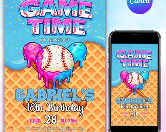 Baseball Drip Birthday Invitation, Baseball Ice Cream Drip Party Invite, Sports Birthday Invitation, DIY Text, Instant Download